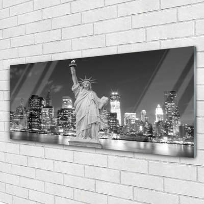 Acrylic Print Statue of liberty new york houses grey