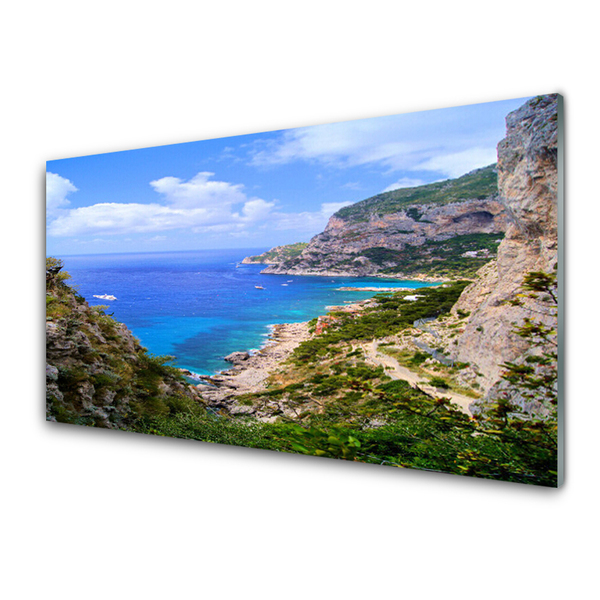 Acrylic Print Sea beach mountains landscape blue grey brown green
