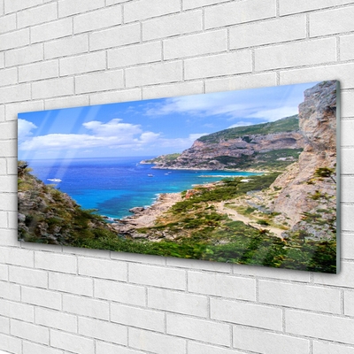 Acrylic Print Sea beach mountains landscape blue grey brown green