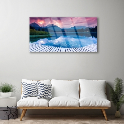 Acrylic Print Mountain lake landscape pink blue green