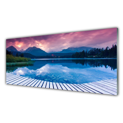 Acrylic Print Mountain lake landscape pink blue green