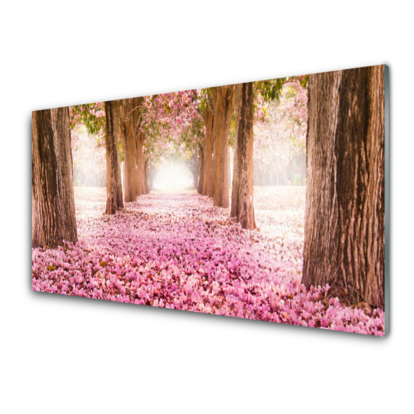 Acrylic Print Footpath tree trunks nature brown pink