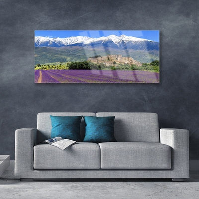 Acrylic Print Meadow flowers mountains landscape purple green blue white