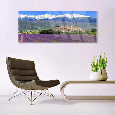 Acrylic Print Meadow flowers mountains landscape purple green blue white