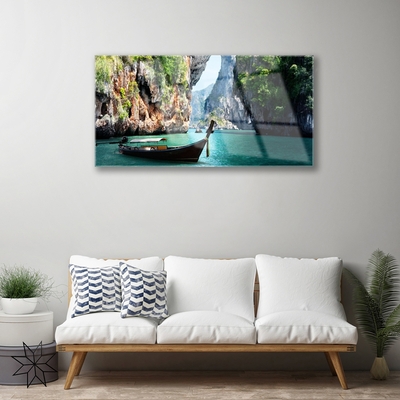 Acrylic Print Boat lake rocks landscape blue brown green