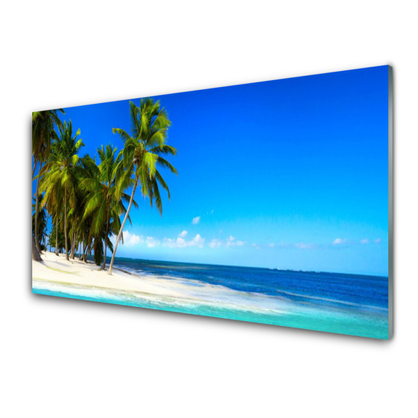 Acrylic Print Palm trees beach sea landscape white green blue