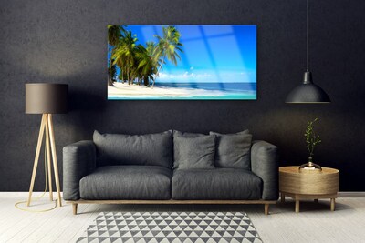 Acrylic Print Palm trees beach sea landscape white green blue
