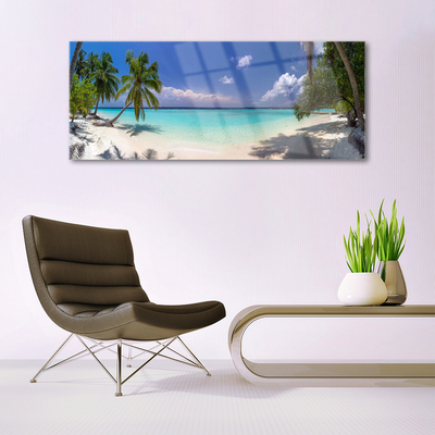 Acrylic Print Sea beach palm trees landscape white blue green brown