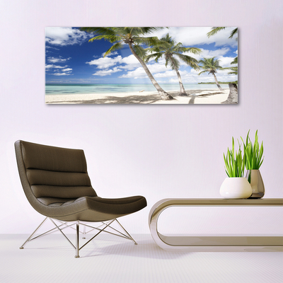 Acrylic Print Sea beach palm trees landscape blue brown green