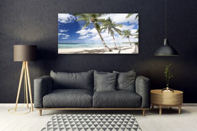 Acrylic Print Sea beach palm trees landscape blue brown green