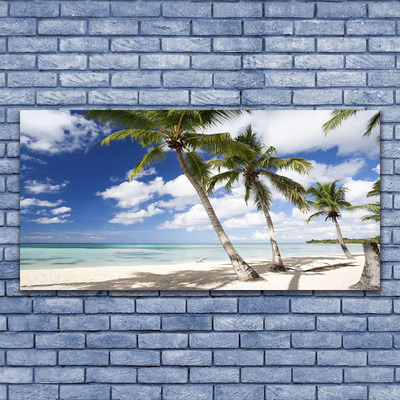 Acrylic Print Sea beach palm trees landscape blue brown green