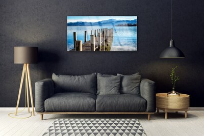 Acrylic Print Bridge sea mountains architecture brown blue grey