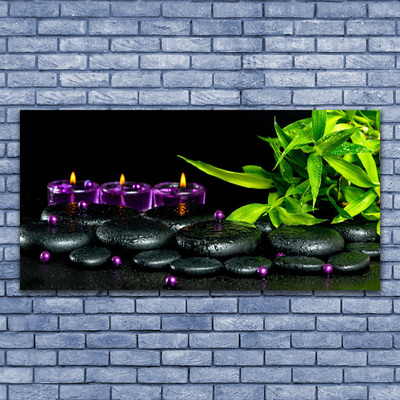 Acrylic Print Candle stones leaves art black green purple