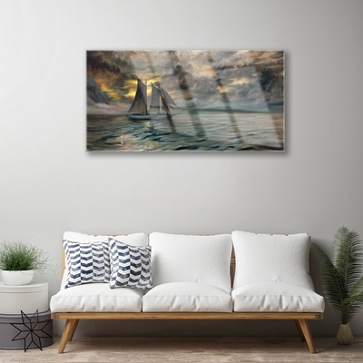 Acrylic Print Sea boat landscape grey yellow