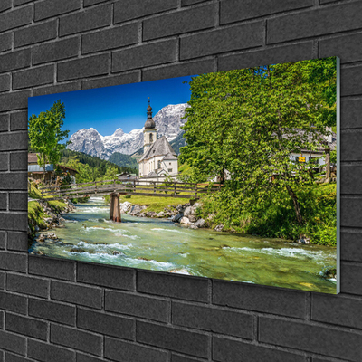 Acrylic Print Church bridge lake trees nature green brown grey white