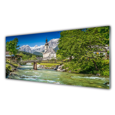 Acrylic Print Church bridge lake trees nature green brown grey white