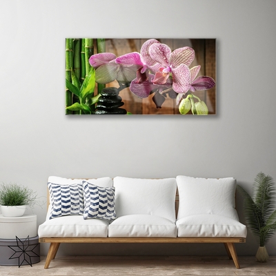 Acrylic Print Flowers bamboo stones floral green black pink
