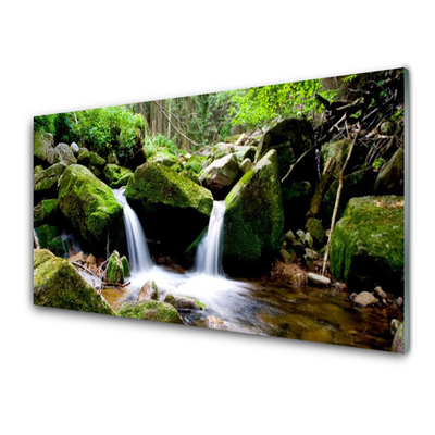Acrylic Print Waterfall rocks nature green white grey