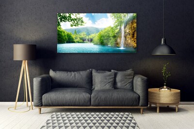Acrylic Print Waterfall lake trees nature white blue green