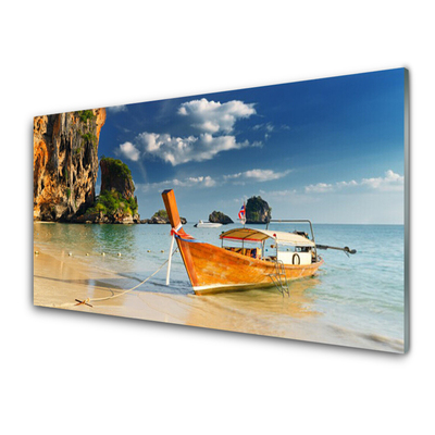 Acrylic Print Boat sea landscape yellow blue