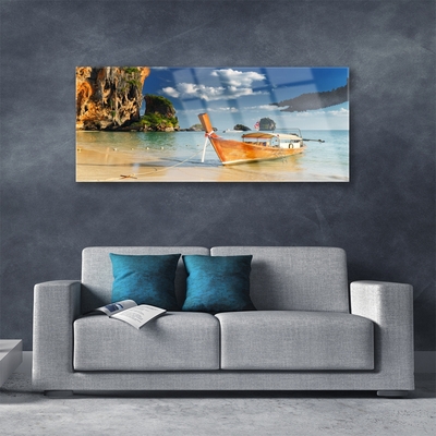 Acrylic Print Boat sea landscape yellow blue