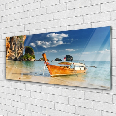 Acrylic Print Boat sea landscape yellow blue