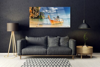 Acrylic Print Boat sea landscape yellow blue