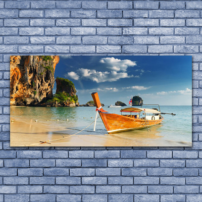 Acrylic Print Boat sea landscape yellow blue