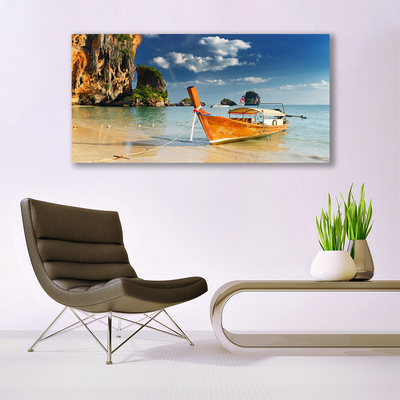 Acrylic Print Boat sea landscape yellow blue