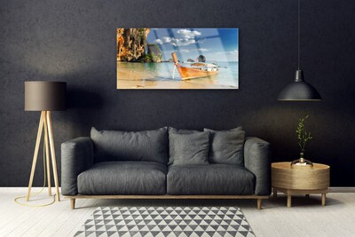 Acrylic Print Boat sea landscape yellow blue