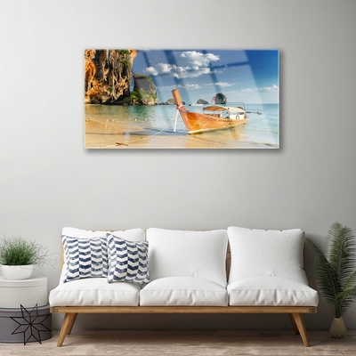 Acrylic Print Boat sea landscape yellow blue