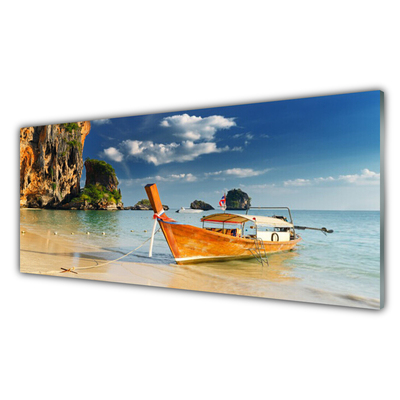 Acrylic Print Boat sea landscape yellow blue