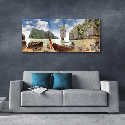 Acrylic Print Boat mountain stones landscape brown grey green