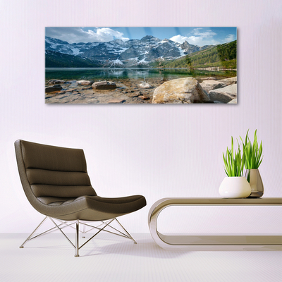 Acrylic Print Mountain lake stones landscape grey blue green white