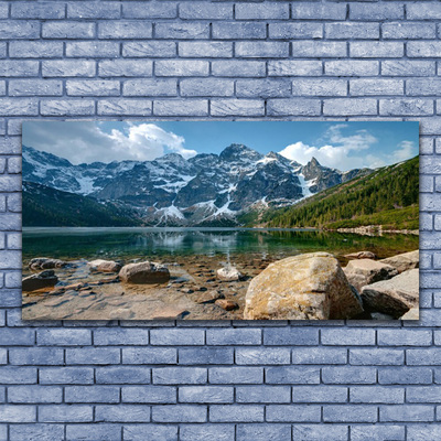Acrylic Print Mountain lake stones landscape grey blue green white