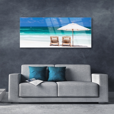 Acrylic Print Beach deck chairs landscape brown white