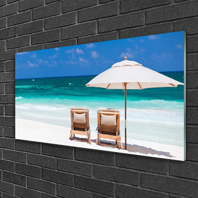 Acrylic Print Beach deck chairs landscape brown white