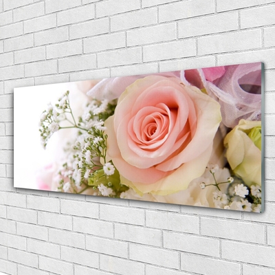 Acrylic Print Roses floral pink white green