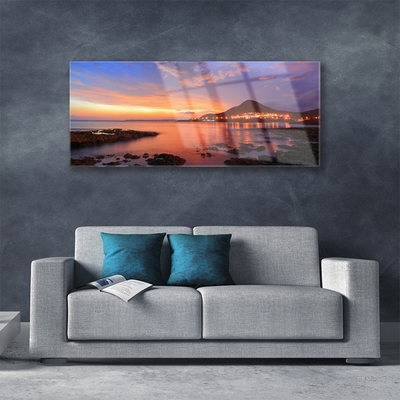 Acrylic Print Stones sea landscape grey purple yellow