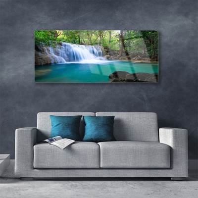 Acrylic Print Waterfall lake forest nature blue brown white green
