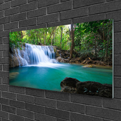 Acrylic Print Waterfall lake forest nature blue brown white green