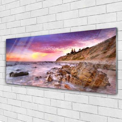 Acrylic Print Sea stones landscape grey purple pink