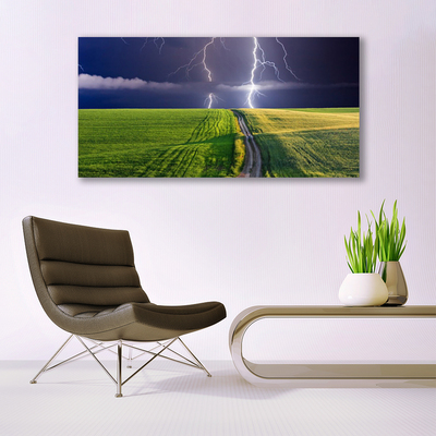 Acrylic Print Field path lightning landscape grey green purple white