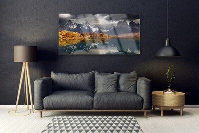 Acrylic Print Mountain lake landscape grey yellow white