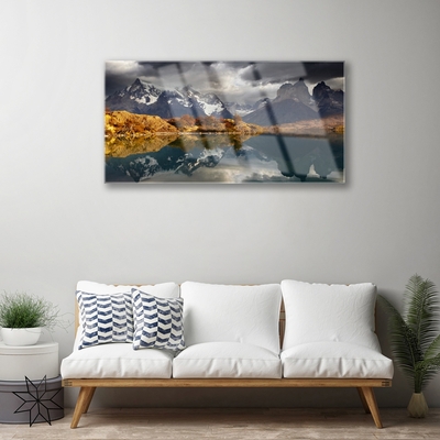 Acrylic Print Mountain lake landscape grey yellow white