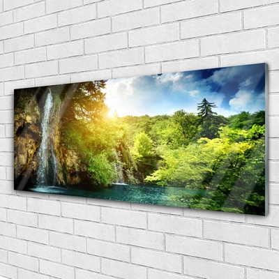 Acrylic Print Waterfall trees landscape blue white green brown