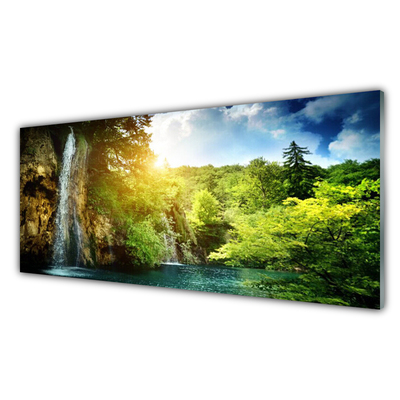 Acrylic Print Waterfall trees landscape blue white green brown