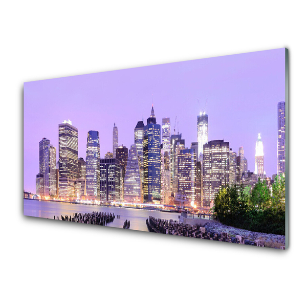 Plexiglas® Wall Art City houses purple yellow green