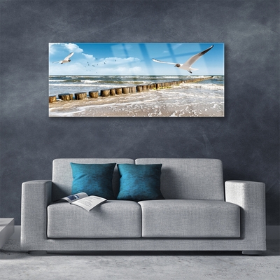 Plexiglas® Wall Art Seagulls sea landscape grey blue white