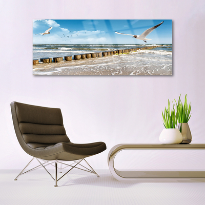 Plexiglas® Wall Art Seagulls sea landscape grey blue white